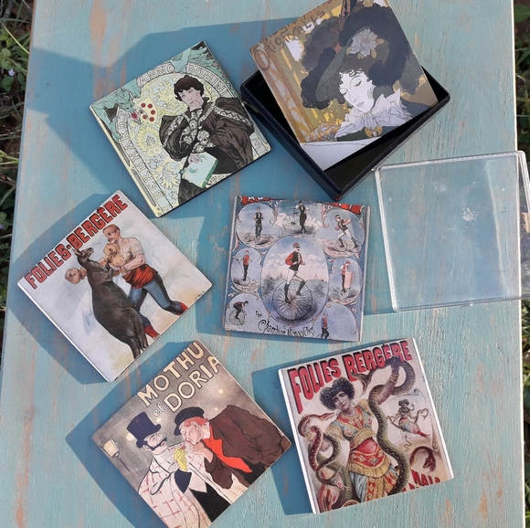 Coaster Set 6 Vintage Drink Coasters Box French - Picture 13 of 16